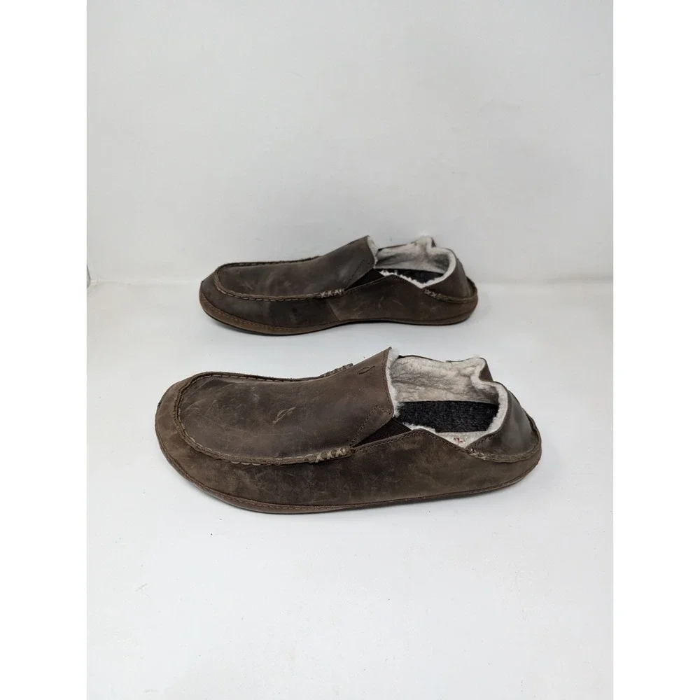 Olukai Moloa Men's Size 14 Leather Shearling Slippers Shoes Sheep Fleece Lined‎